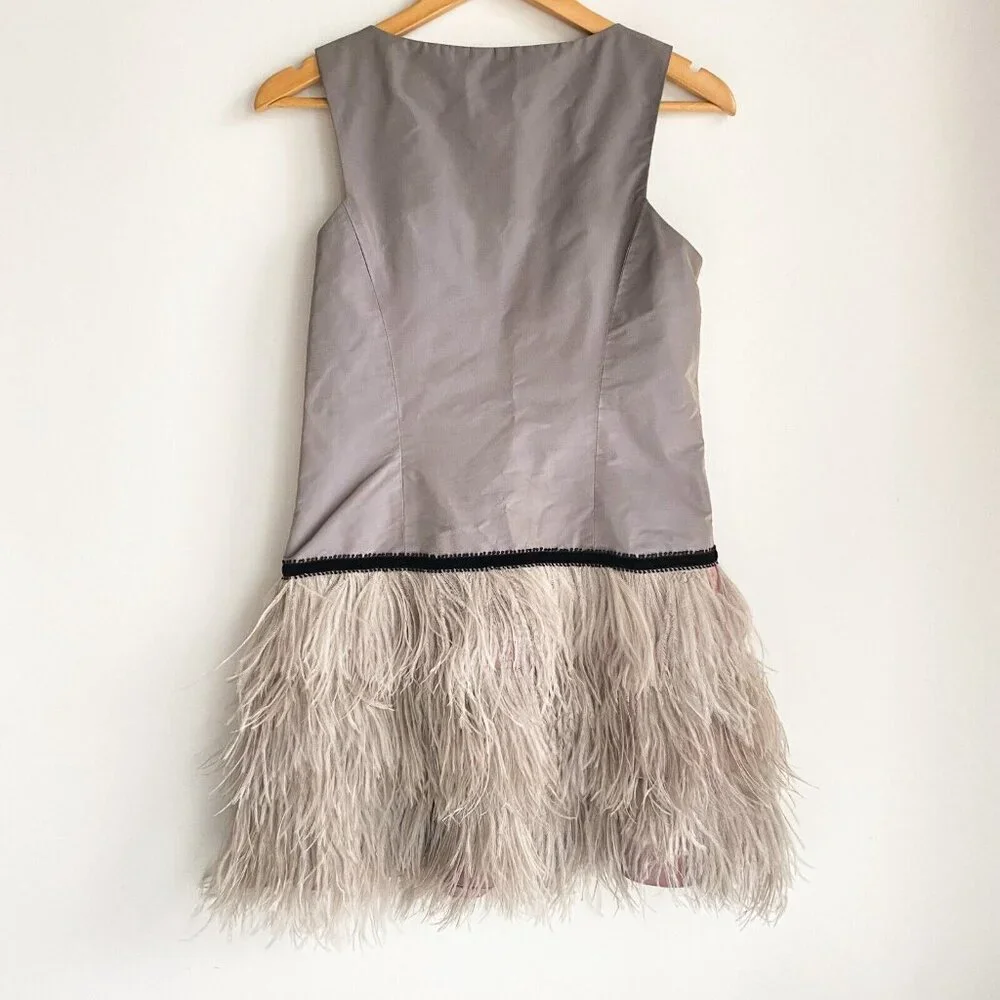 Brose Grey Silk Ostrich Feathers Short Sleeveless Cocktail Dress 6 - Picture 6 of 9